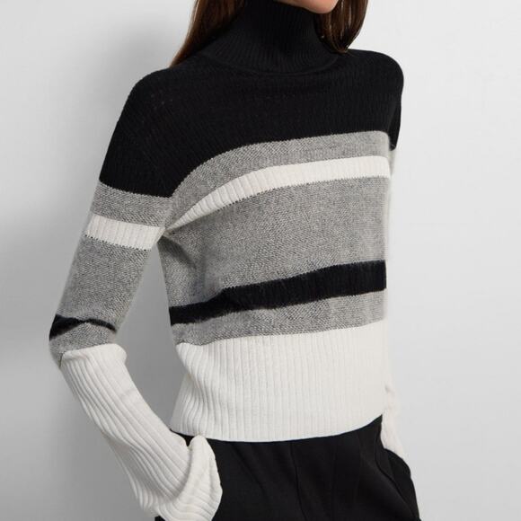 Theory Racking Stripe Silk Cotton Double Knit Cropped Sweater M - Picture 1 of 10